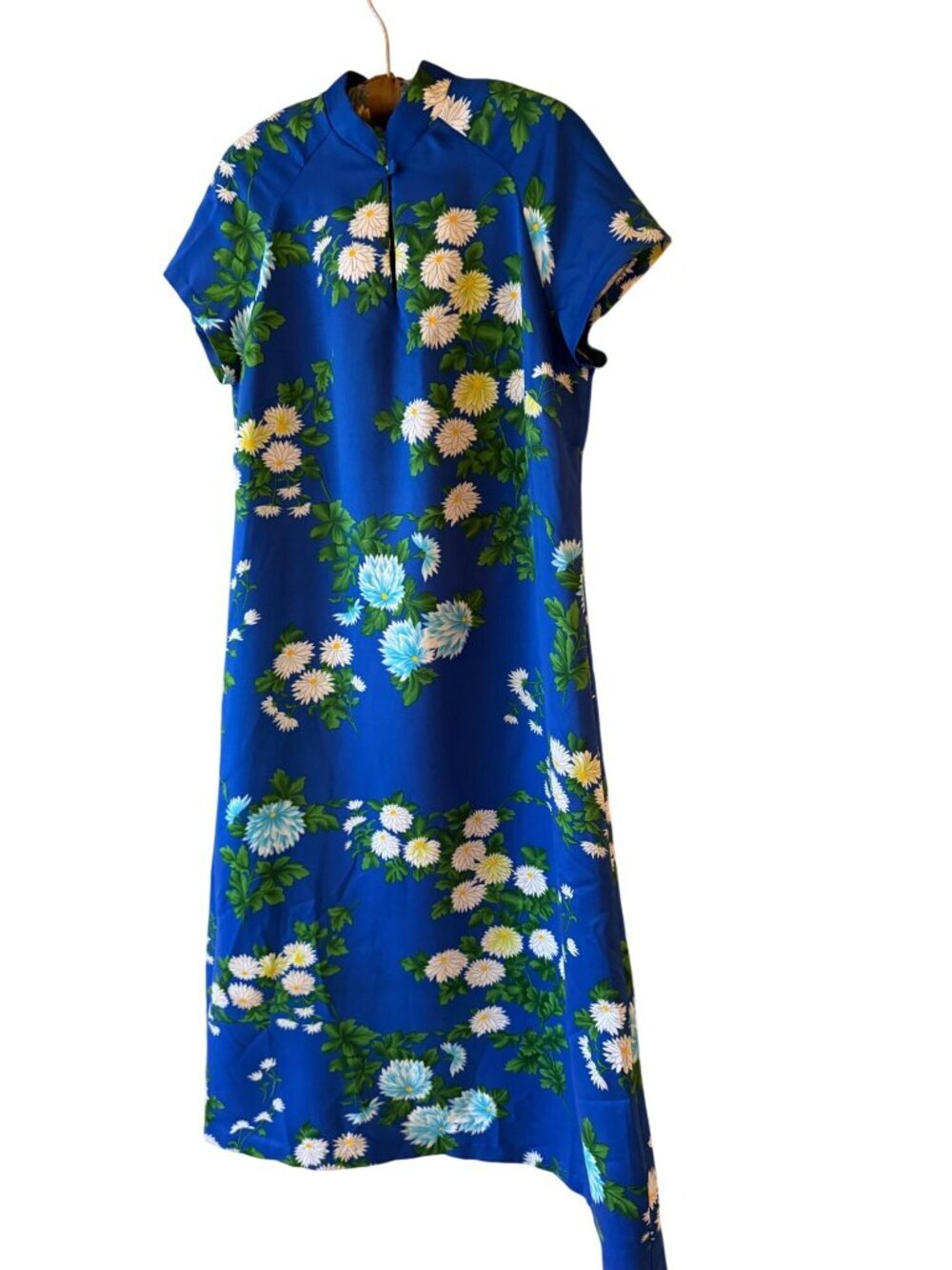 Hilo Hatties Womens Floral Cheongsam-style A-line Maxi Dress Size L Blue Vintage